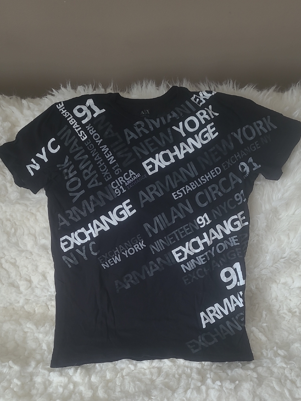 Armani Exchange Black Tee with Silver & White Text Graphics